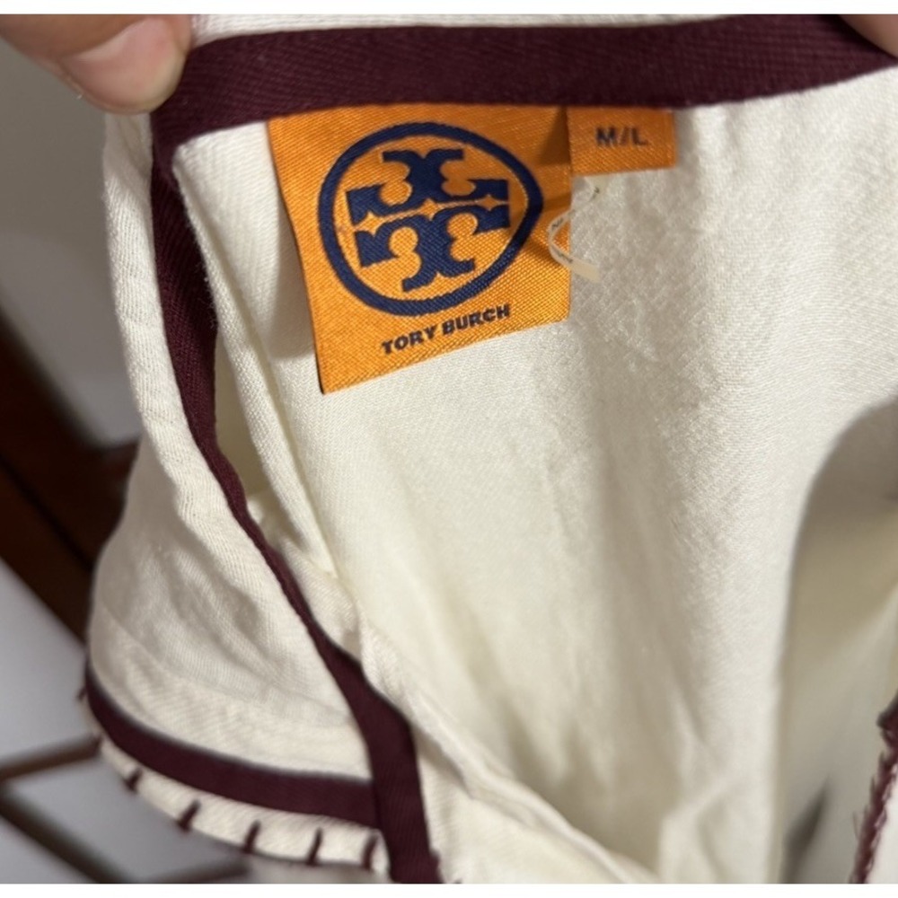 Tory Burch Woven Cotton Hooded Poncho Cover Up Ivory Burgundy Fringe Indie Beach - Picture 10 of 10